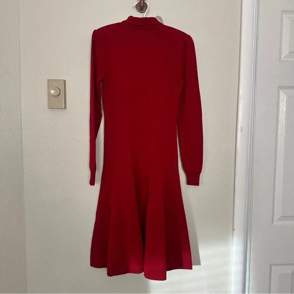 Vintage Ralph Lauren Red Merino Wool Long Sleeve Dress with Gold Logo - Picture 6 of 12